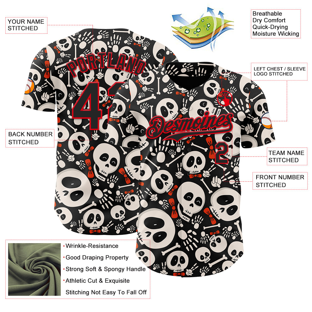 Custom Black Fire Red Sugar Skull Day of the Dead Mexican Folk Art Authentic Baseball Jersey