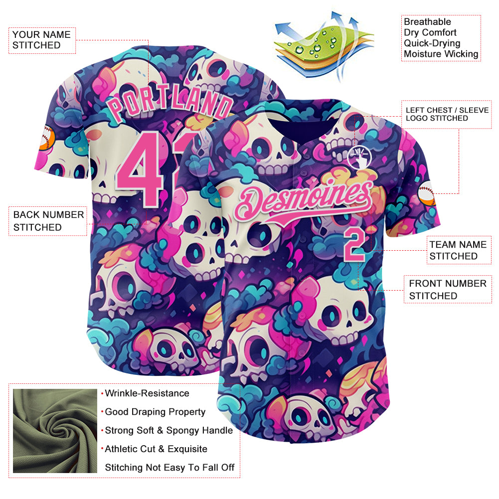 Custom Purple Pink-White Sugar Skull Day of the Dead Mexican Folk Art Authentic Baseball Jersey