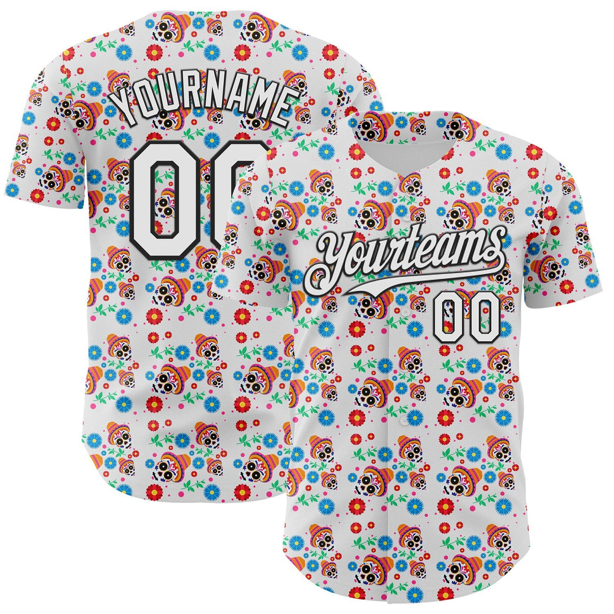 Custom White Black Sugar Skull Day of the Dead Mexican Folk Art Authentic Baseball Jersey