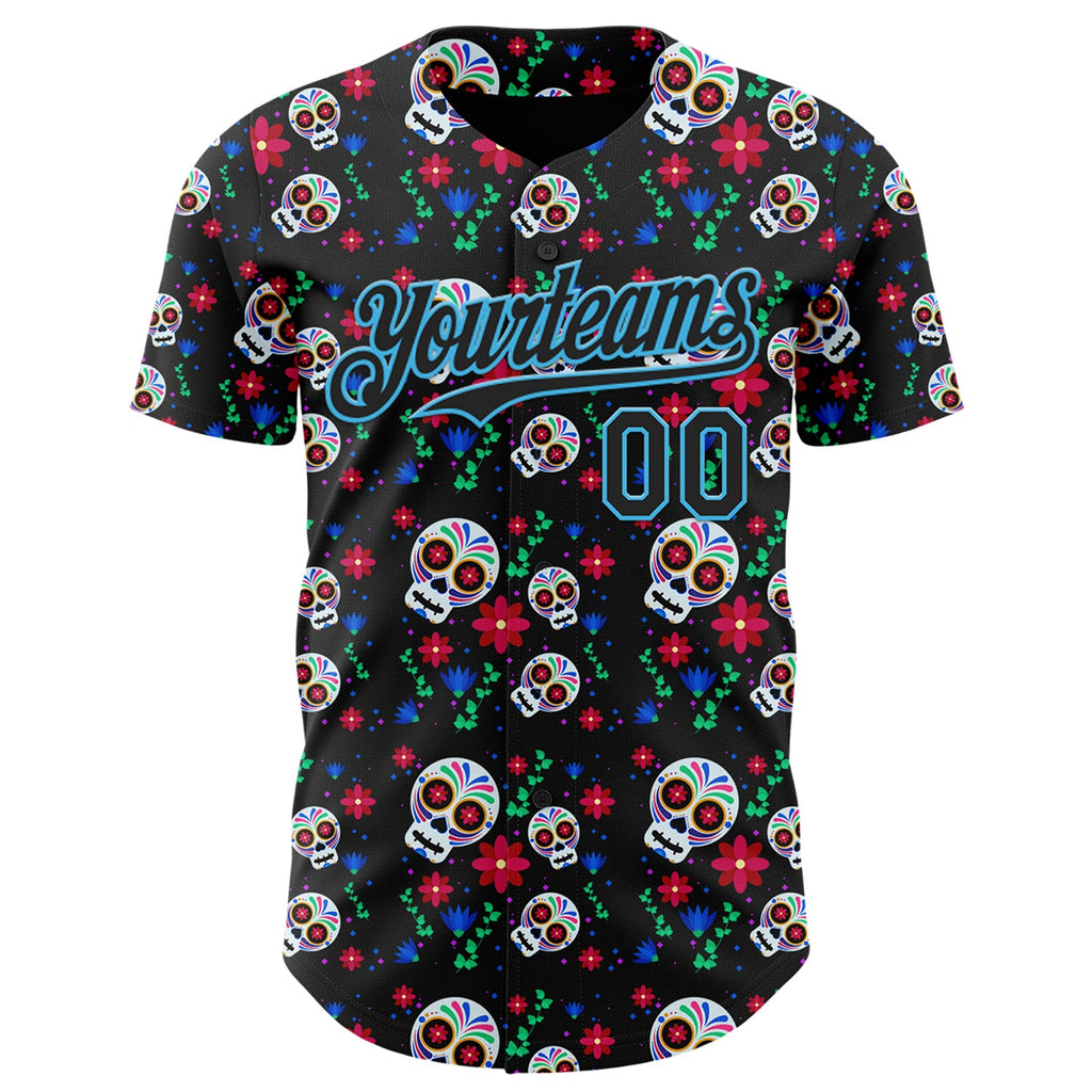 Custom Black Sky Blue Sugar Skull Day of the Dead Mexican Folk Art Authentic Baseball Jersey