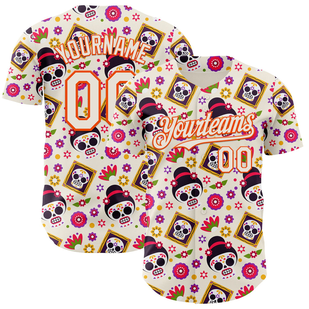 Custom Cream Orange Sugar Skull Day of the Dead Mexican Folk Art Authentic Baseball Jersey