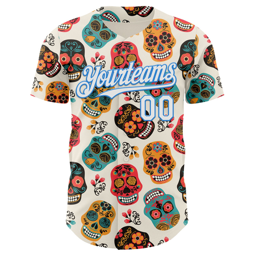 Custom Cream White-Electric Blue Sugar Skull Day of the Dead Mexican Folk Art Authentic Baseball Jersey