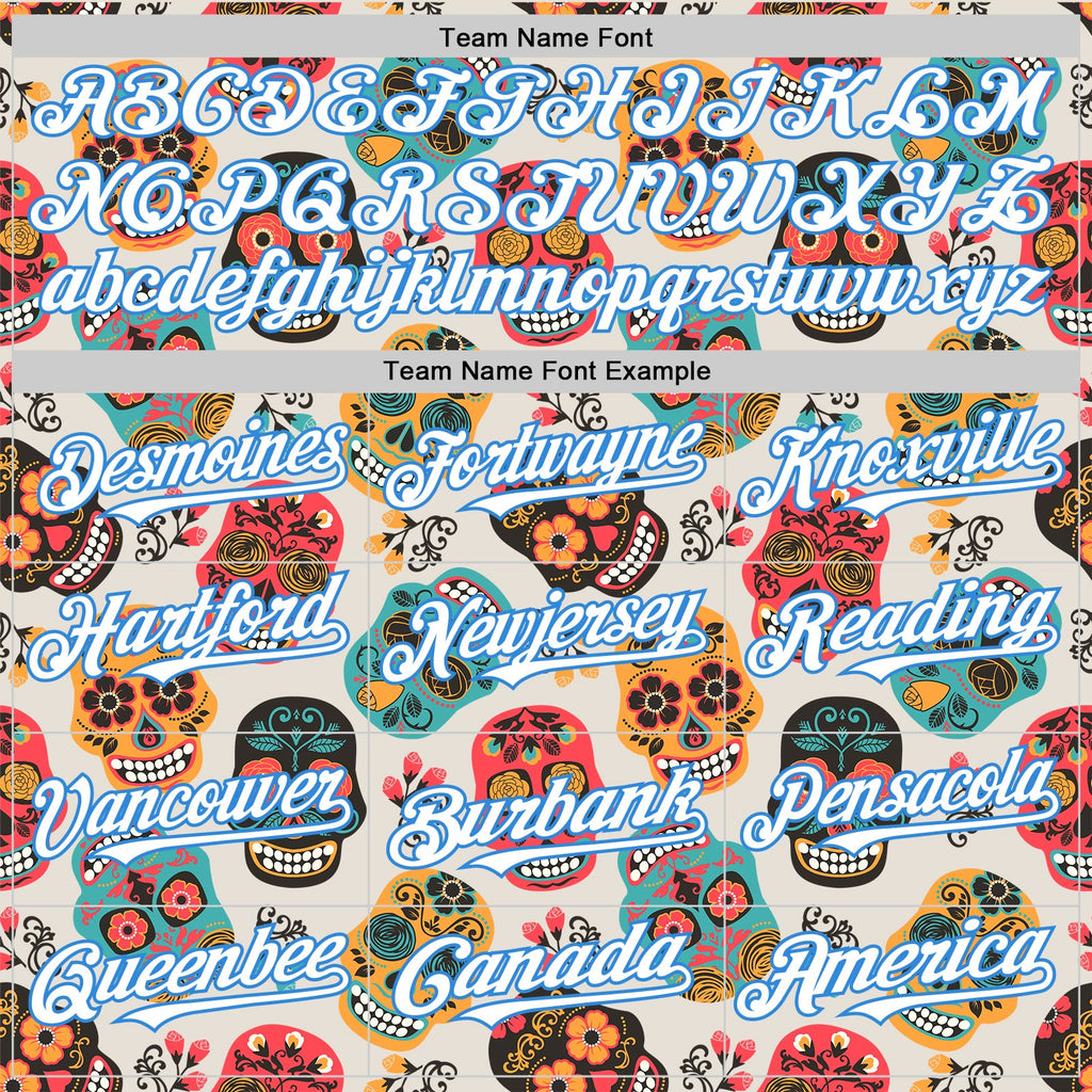 Custom Cream White-Electric Blue Sugar Skull Day of the Dead Mexican Folk Art Authentic Baseball Jersey