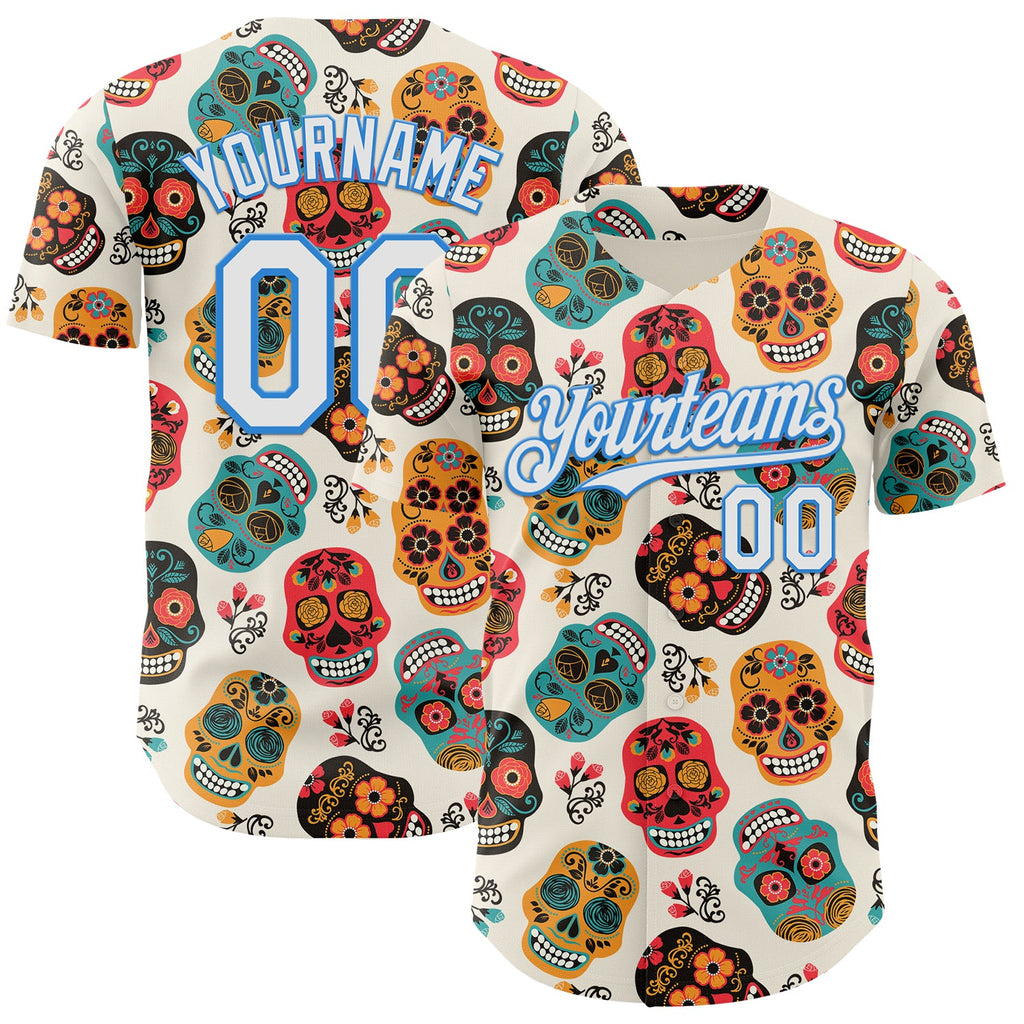 Custom Cream White-Electric Blue Sugar Skull Day of the Dead Mexican Folk Art Authentic Baseball Jersey