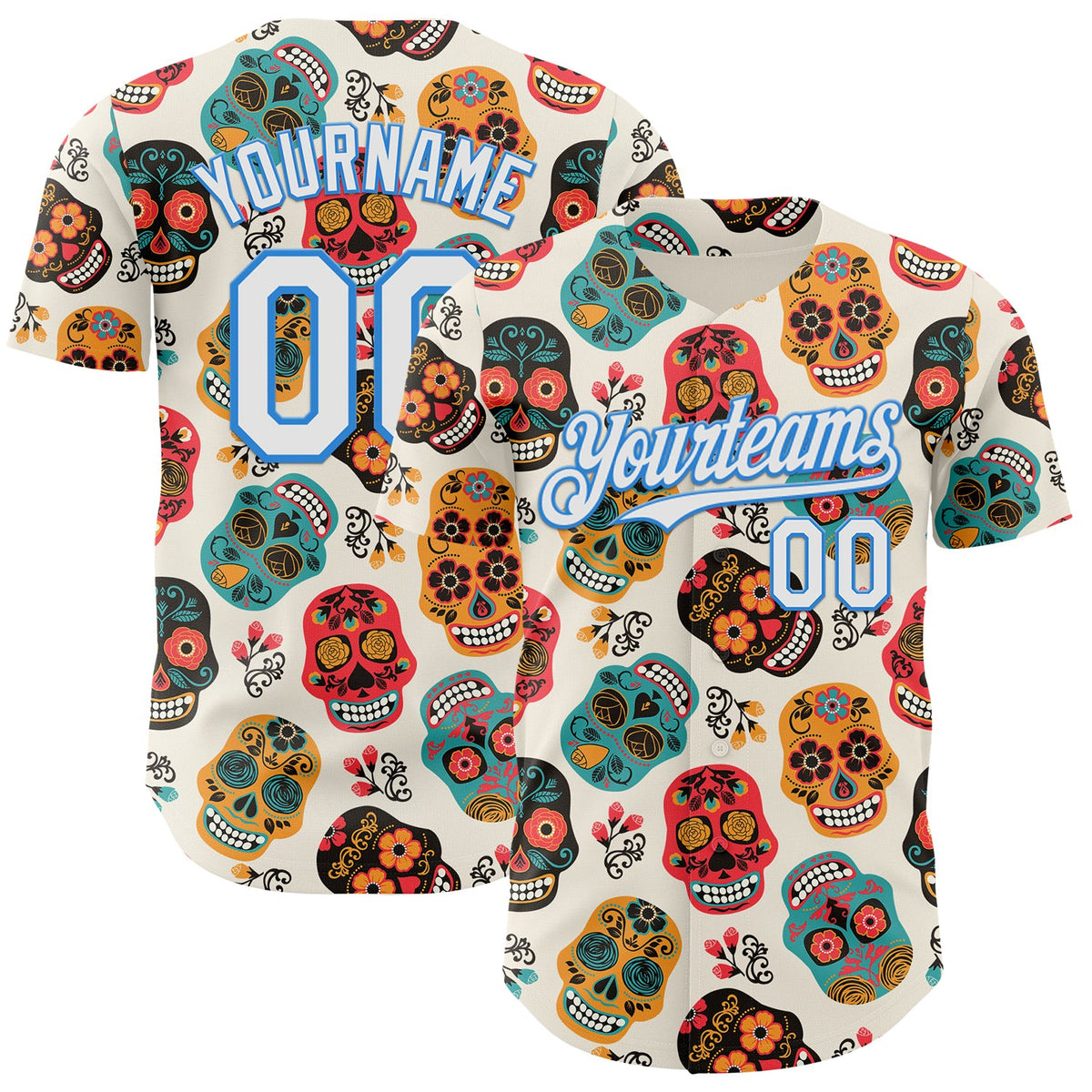 Custom Cream White-Electric Blue Sugar Skull Day of the Dead Mexican Folk Art Authentic Baseball Jersey