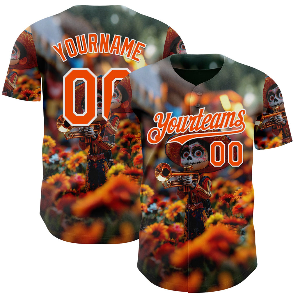 Custom Black Orange-White Sugar Skull Day of the Dead Mexican Folk Art Authentic Baseball Jersey
