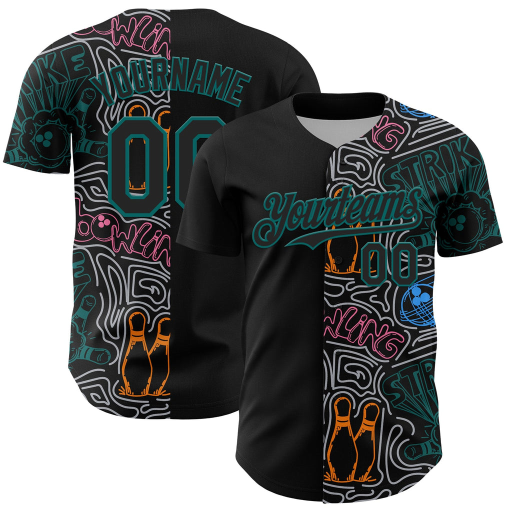 Custom Black Teal-Gray Bowling Doodle Split Authentic Baseball Jersey