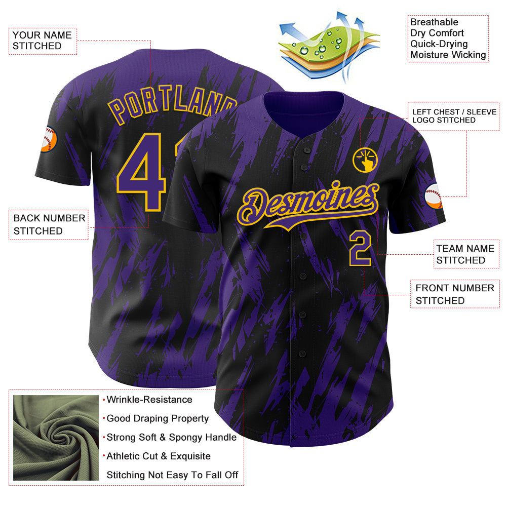 Custom Black Purple-Yellow Splatter Torn Sharp Brush Stroke Authentic Baseball Jersey