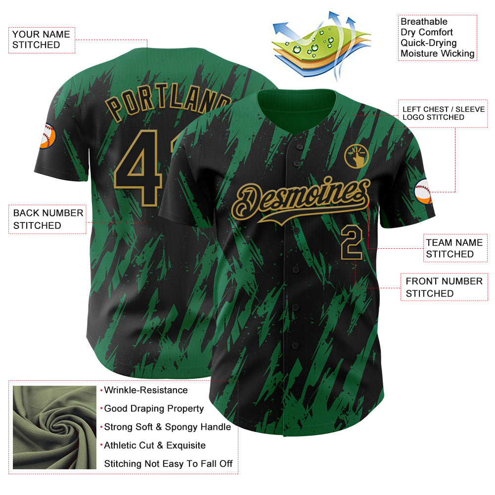 Custom Black Old Gold-Kelly Green Splatter Torn Sharp Brush Stroke Authentic Baseball Jersey