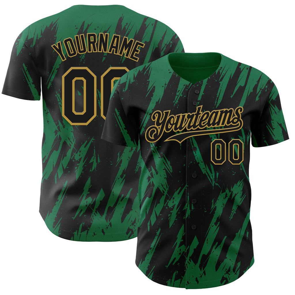 Custom Black Old Gold-Kelly Green Splatter Torn Sharp Brush Stroke Authentic Baseball Jersey