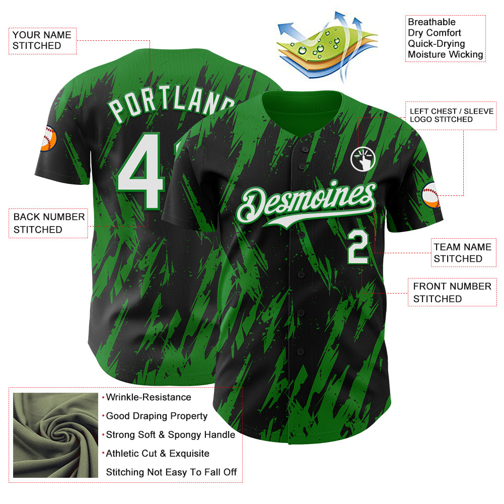 Custom Black White-Grass Green Splatter Torn Sharp Brush Stroke Authentic Baseball Jersey