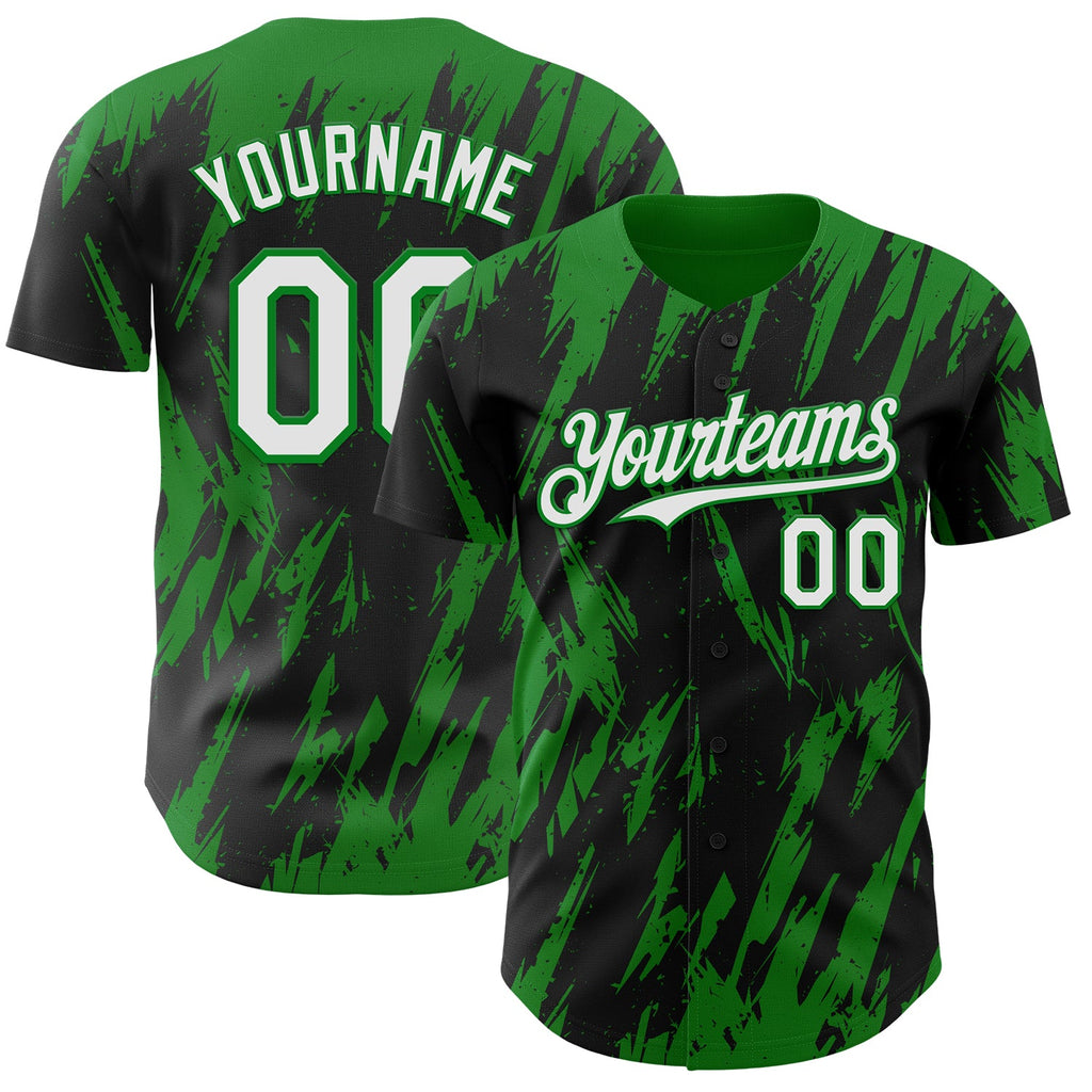 Custom Black White-Grass Green Splatter Torn Sharp Brush Stroke Authentic Baseball Jersey