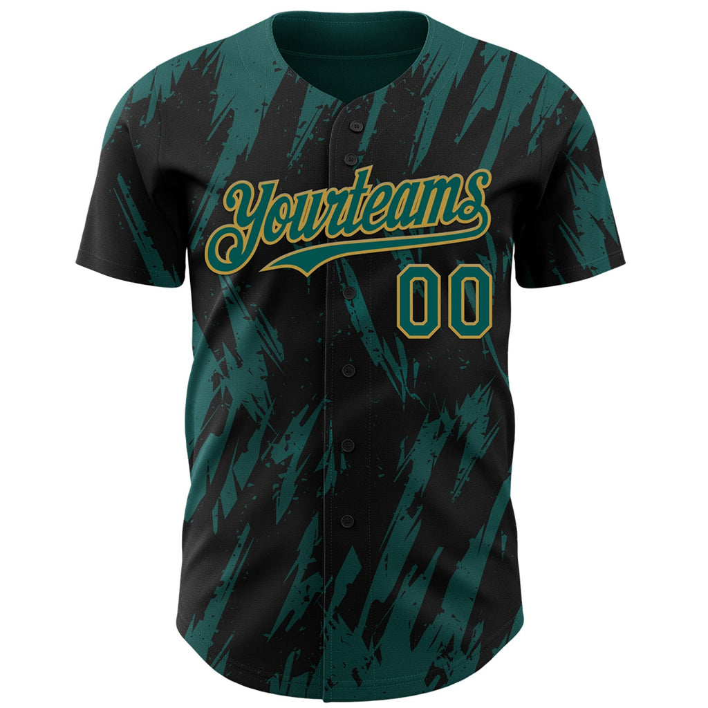 Custom Black Midnight Green-Old Gold Splatter Torn Sharp Brush Stroke Authentic Baseball Jersey