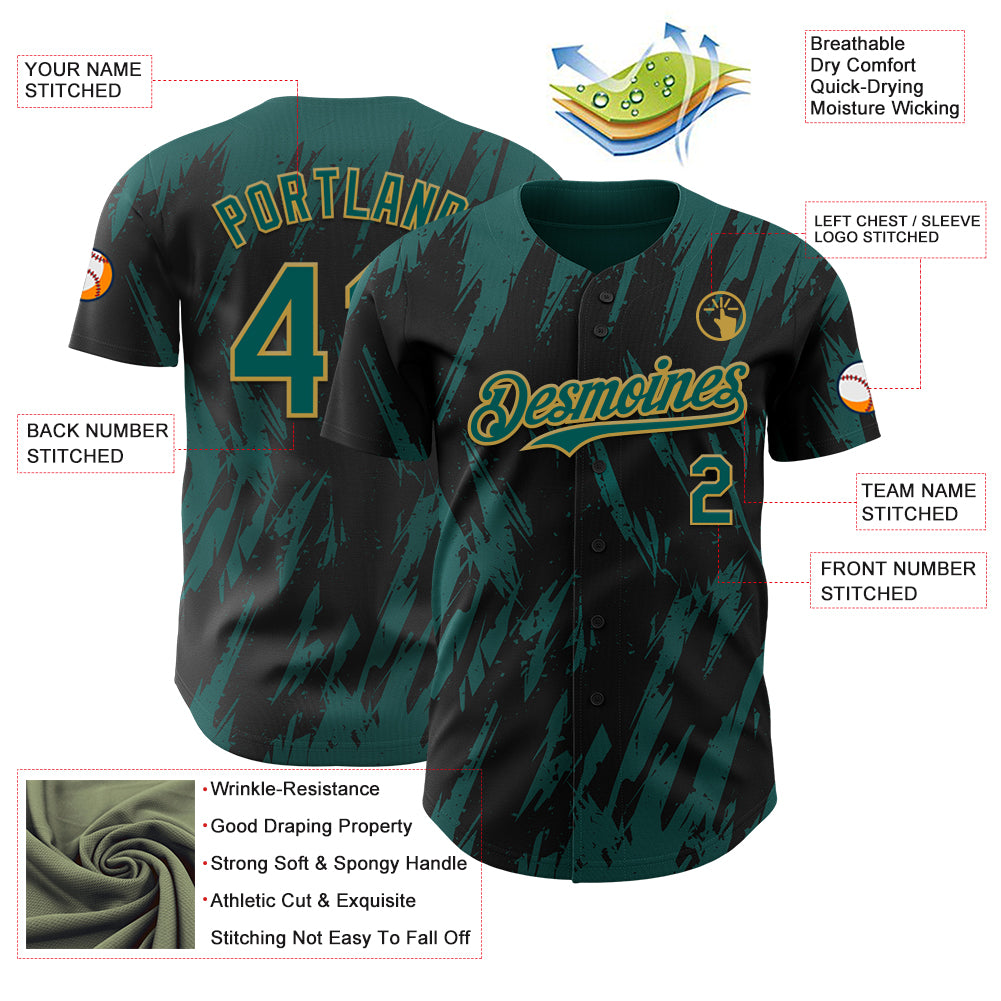 Custom Black Midnight Green-Old Gold Splatter Torn Sharp Brush Stroke Authentic Baseball Jersey