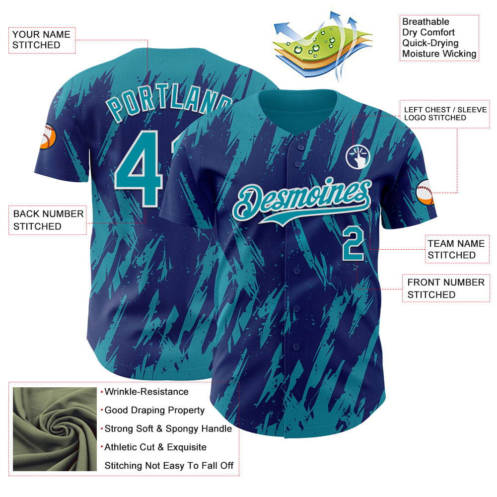 Custom Royal Teal-White Splatter Torn Sharp Brush Stroke Authentic Baseball Jersey