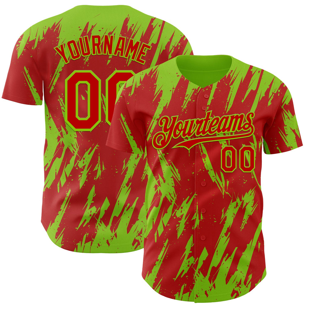 Custom Red Neon Green Splatter Torn Sharp Brush Stroke Authentic Baseball Jersey