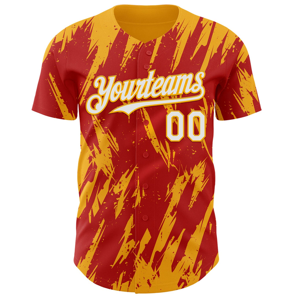 Custom Red White-Gold Splatter Torn Sharp Brush Stroke Authentic Baseball Jersey