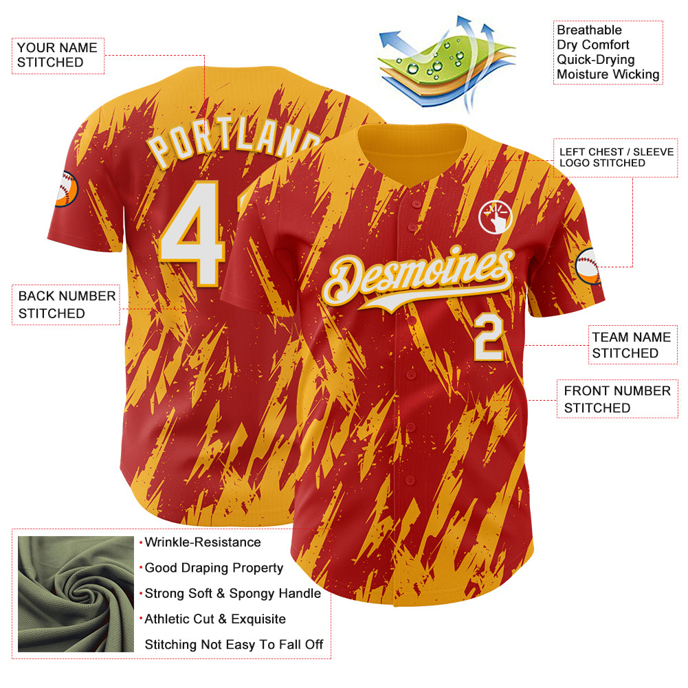 Custom Red White-Gold Splatter Torn Sharp Brush Stroke Authentic Baseball Jersey