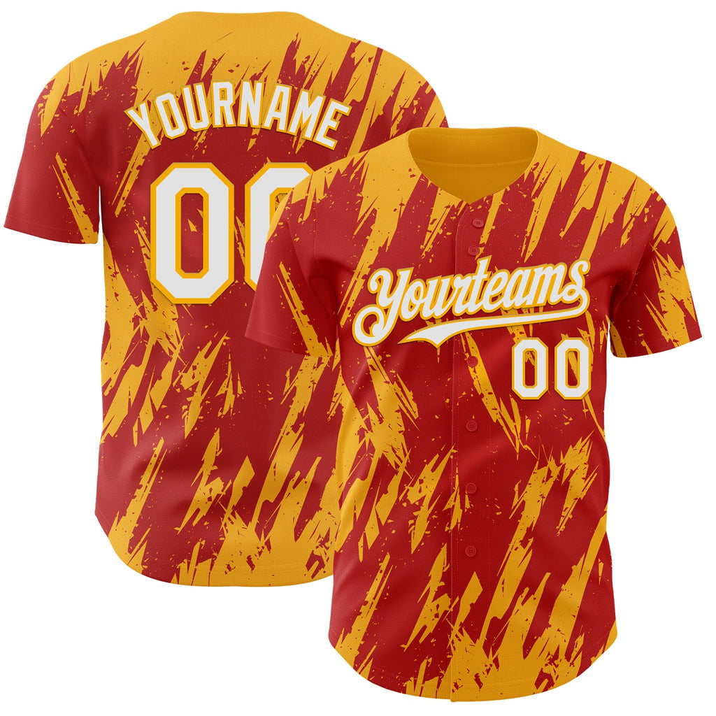 Custom Red White-Gold Splatter Torn Sharp Brush Stroke Authentic Baseball Jersey
