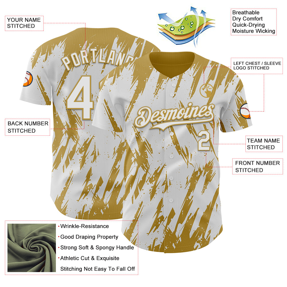Custom White Old Gold Splatter Torn Sharp Brush Stroke Authentic Baseball Jersey