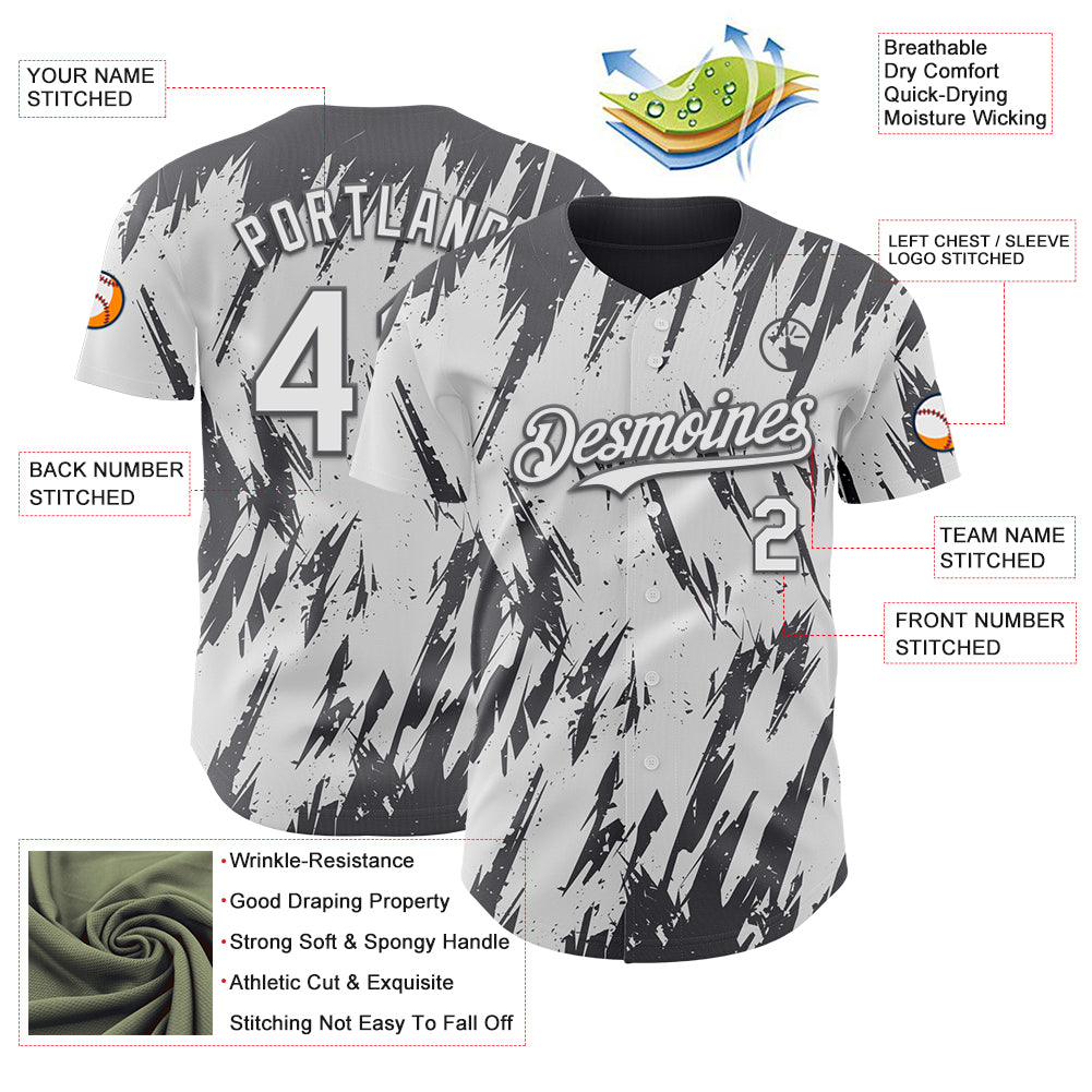 Custom White Steel Gray Splatter Torn Sharp Brush Stroke Authentic Baseball Jersey
