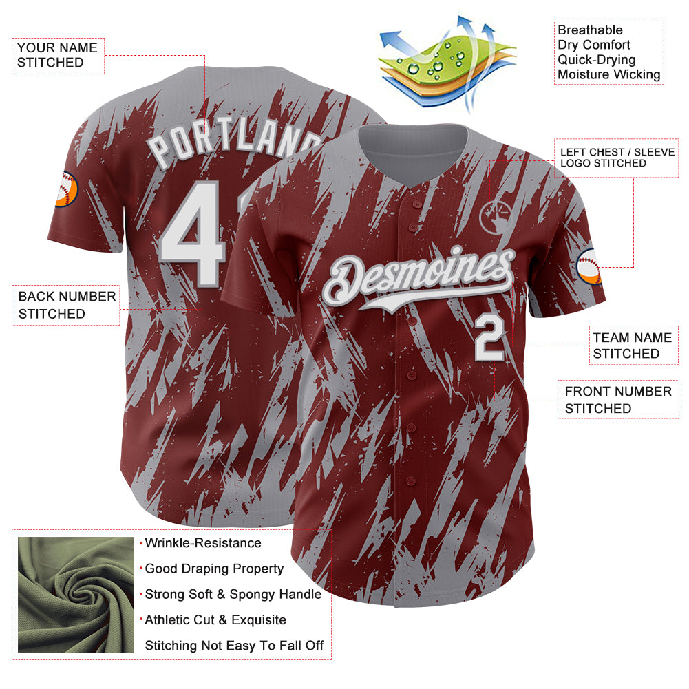 Custom Burgundy White-Gray Splatter Torn Sharp Brush Stroke Authentic Baseball Jersey