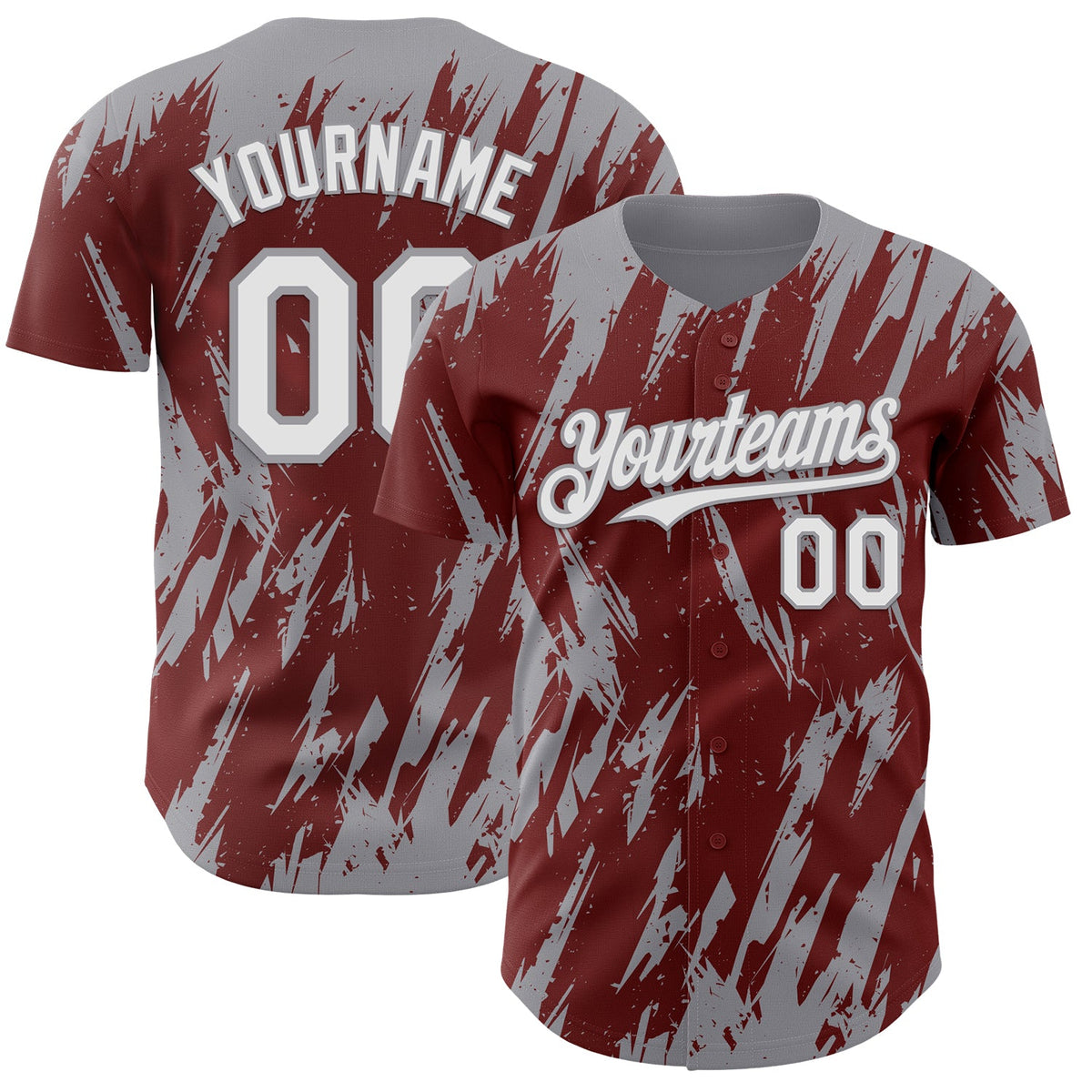 Custom Burgundy White-Gray Splatter Torn Sharp Brush Stroke Authentic Baseball Jersey