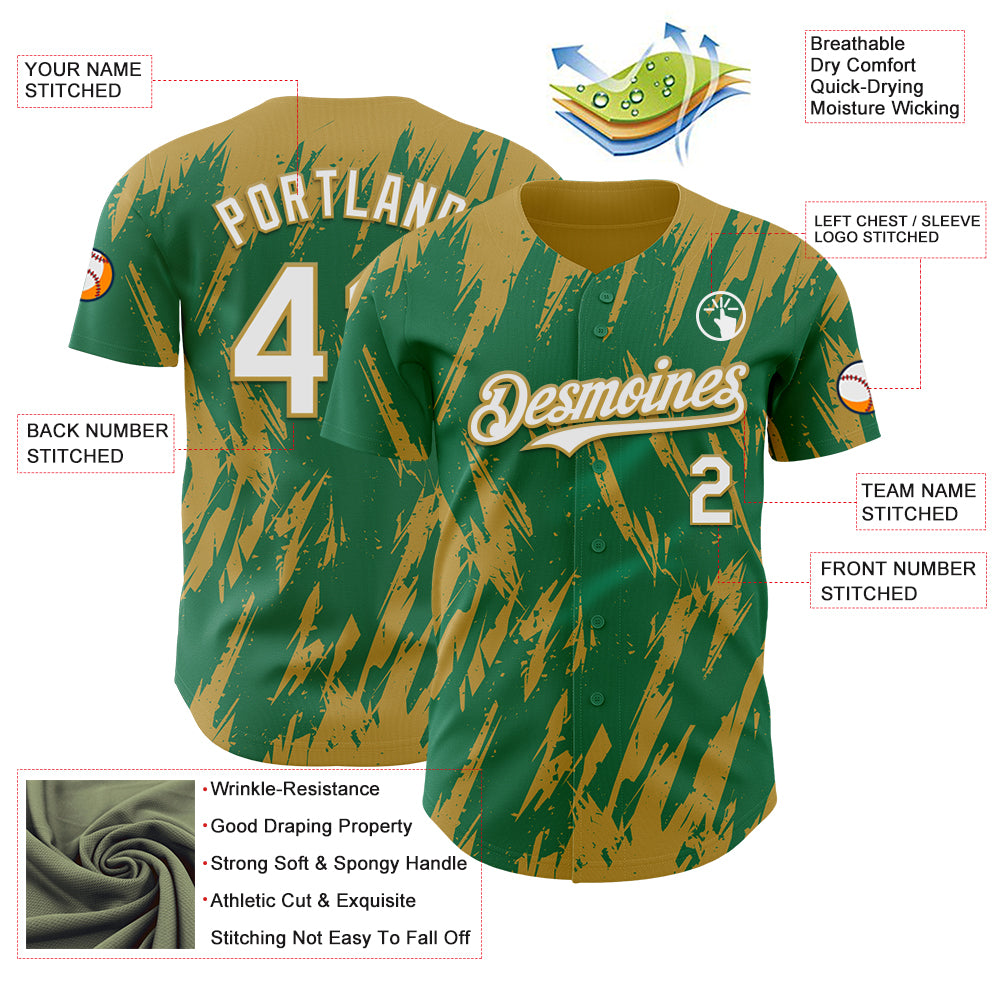Custom Kelly Green White-Old Gold Splatter Torn Sharp Brush Stroke Authentic Baseball Jersey