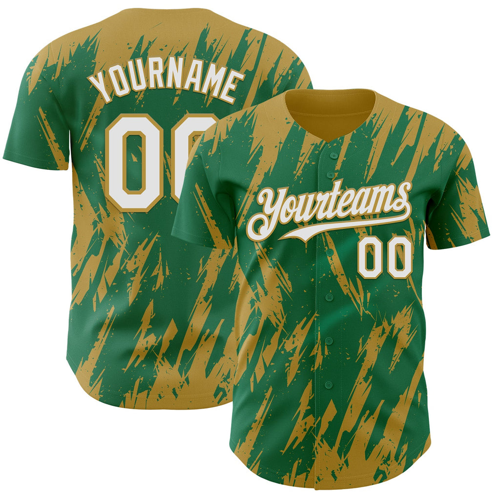 Custom Kelly Green White-Old Gold Splatter Torn Sharp Brush Stroke Authentic Baseball Jersey