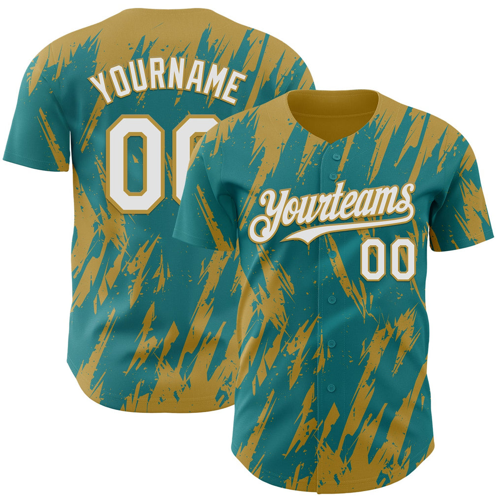 Custom Teal White-Old Gold Splatter Torn Sharp Brush Stroke Authentic Baseball Jersey