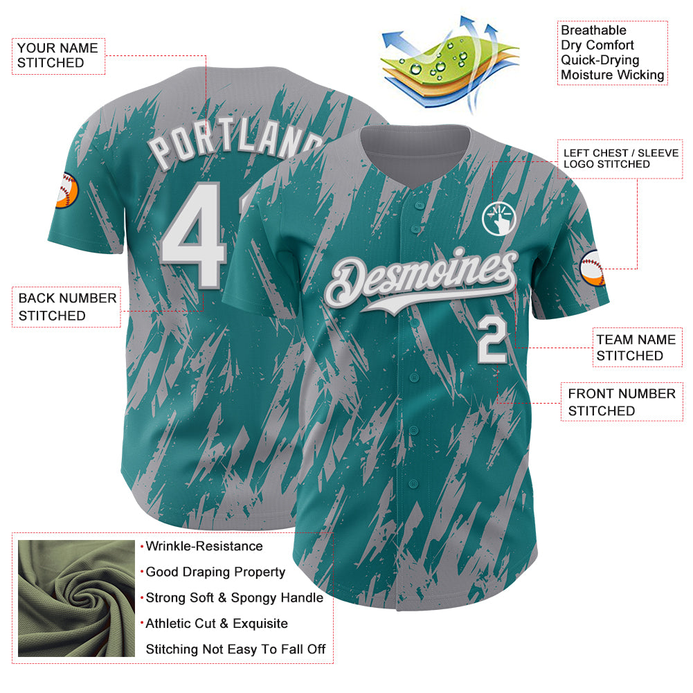 Custom Teal White-Gray Splatter Torn Sharp Brush Stroke Authentic Baseball Jersey