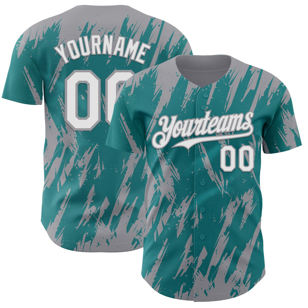 Custom Teal White-Gray Splatter Torn Sharp Brush Stroke Authentic Baseball Jersey