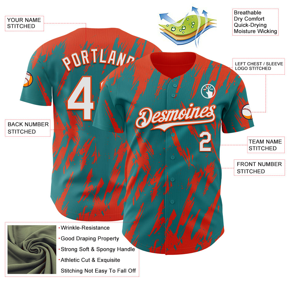 Custom Teal White-Orange Splatter Torn Sharp Brush Stroke Authentic Baseball Jersey