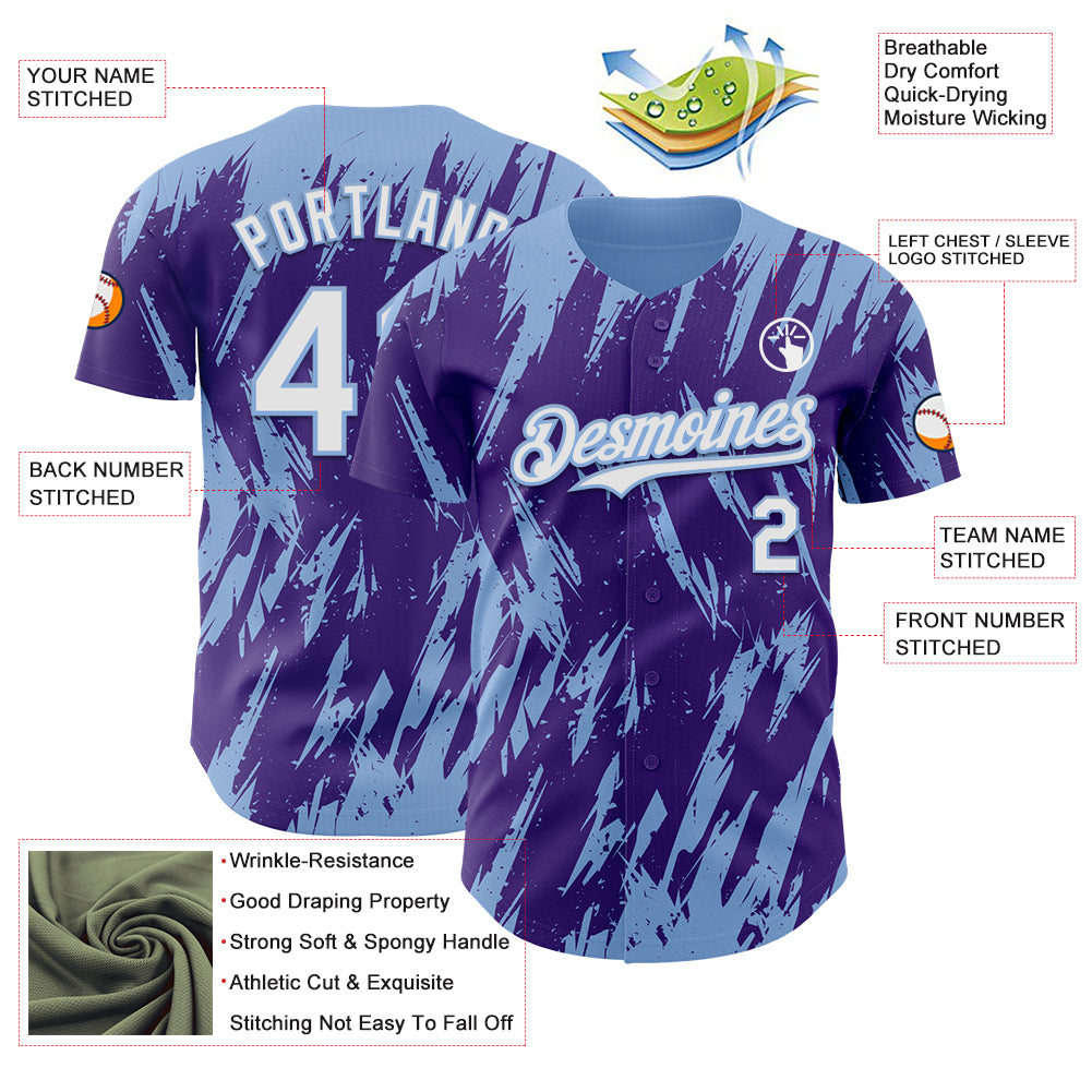 Custom Purple White-Light Blue Splatter Torn Sharp Brush Stroke Authentic Baseball Jersey
