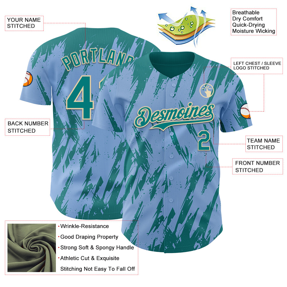Custom Light Blue Teal-Cream Splatter Torn Sharp Brush Stroke Authentic Baseball Jersey