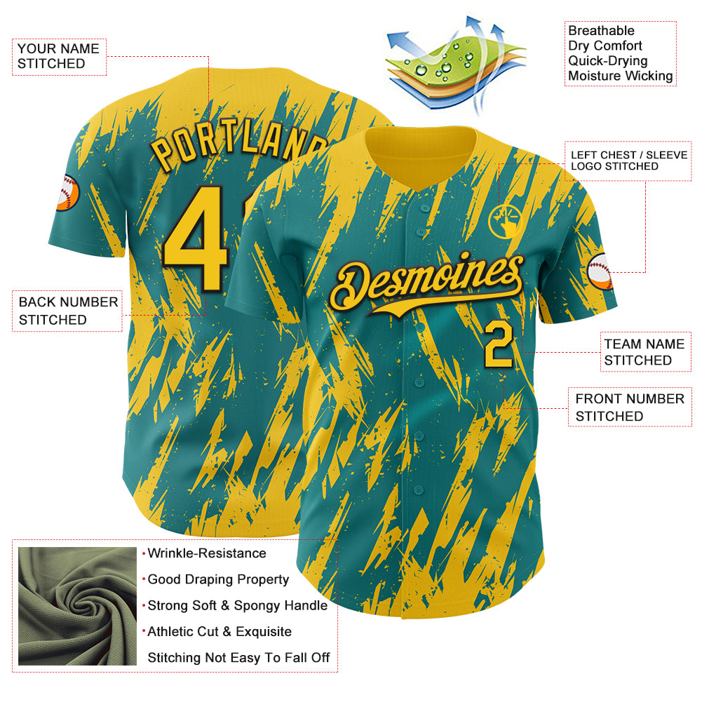 Custom Teal Yellow-Black Splatter Torn Sharp Brush Stroke Authentic Baseball Jersey