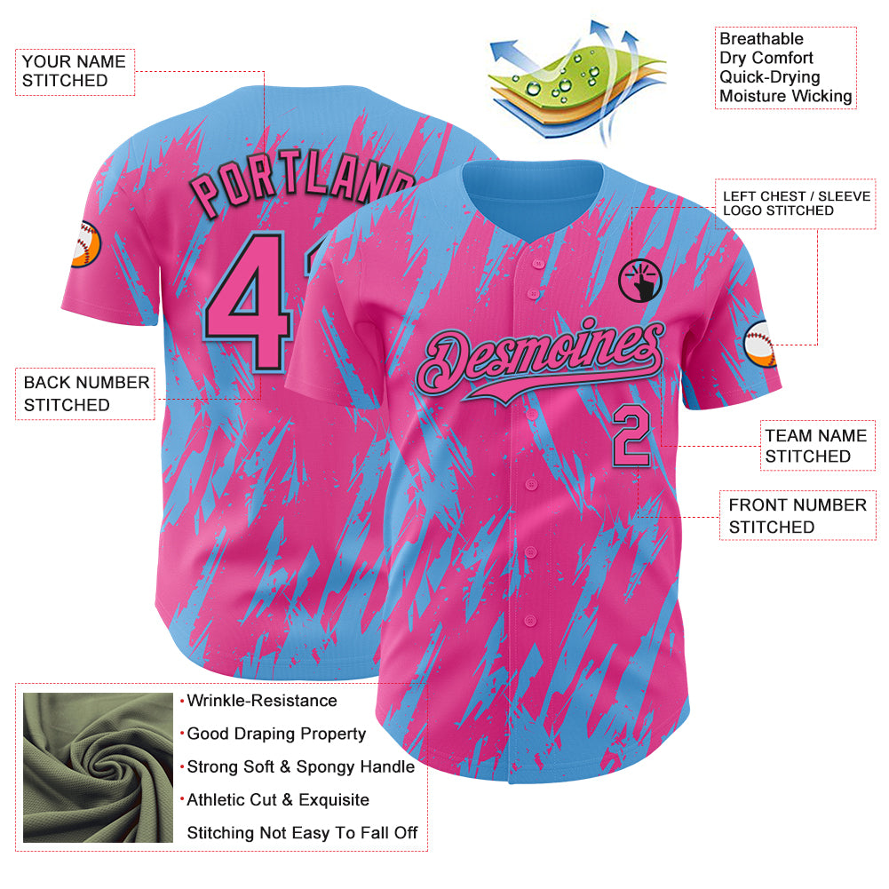 Custom Pink Black-Sky Blue Splatter Torn Sharp Brush Stroke Authentic Baseball Jersey