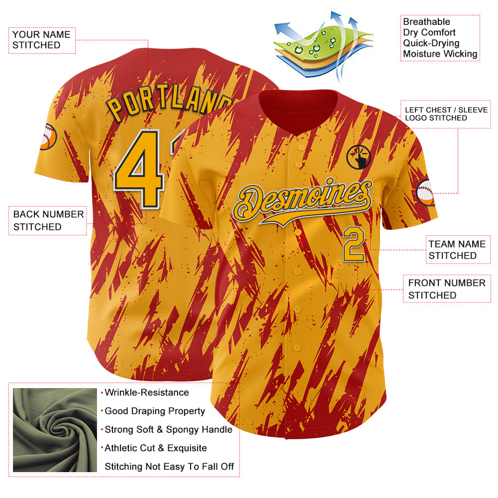 Custom Gold Black-Red Splatter Torn Sharp Brush Stroke Authentic Baseball Jersey
