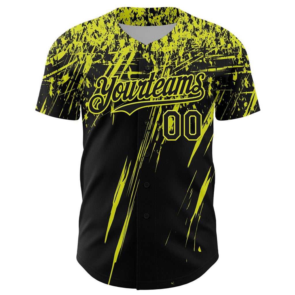 Custom Black Neon Yellow Distressed Scratch Brush Stroke Authentic Baseball Jersey