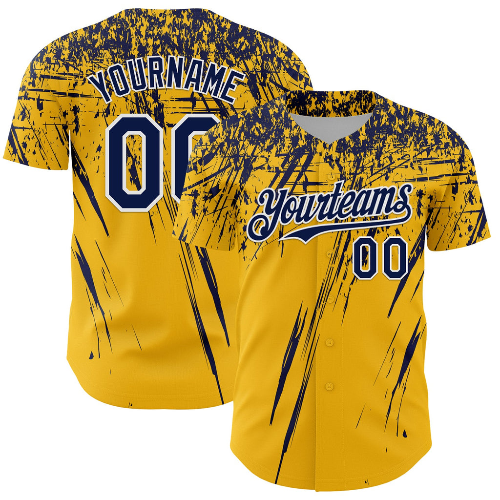 Custom Gold Navy-White Distressed Scratch Brush Stroke Authentic Baseball Jersey