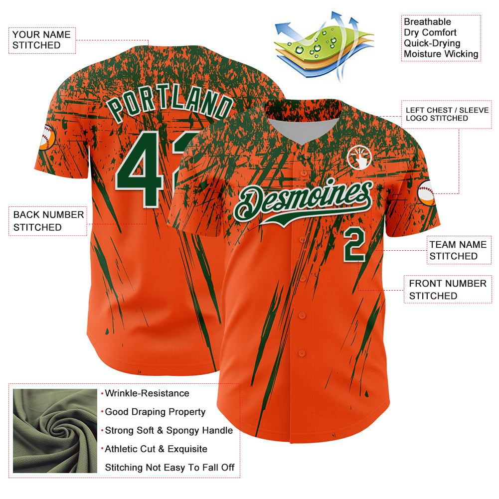 Custom Orange Green-White Distressed Scratch Brush Stroke Authentic Baseball Jersey