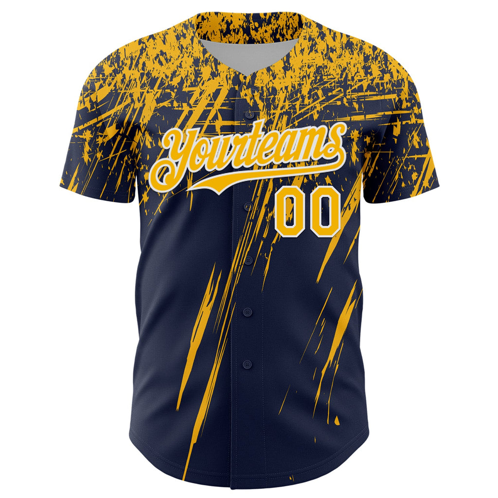 Custom Navy Gold-White Distressed Scratch Brush Stroke Authentic Baseball Jersey