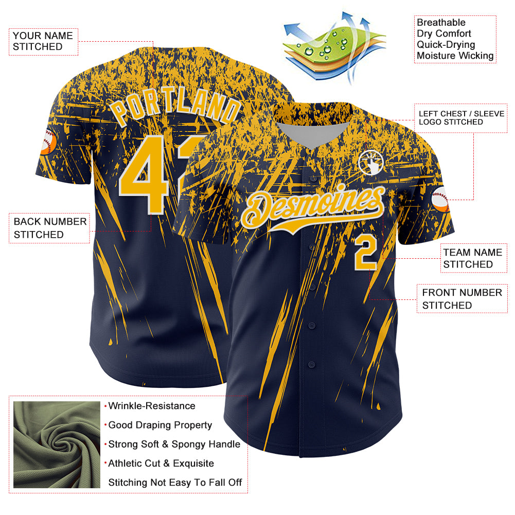 Custom Navy Gold-White Distressed Scratch Brush Stroke Authentic Baseball Jersey