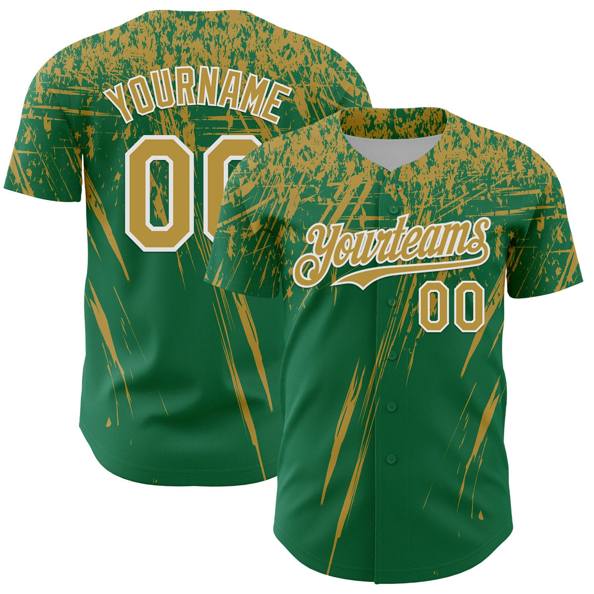 Custom Kelly Green Old Gold-White Distressed Scratch Brush Stroke Authentic Baseball Jersey