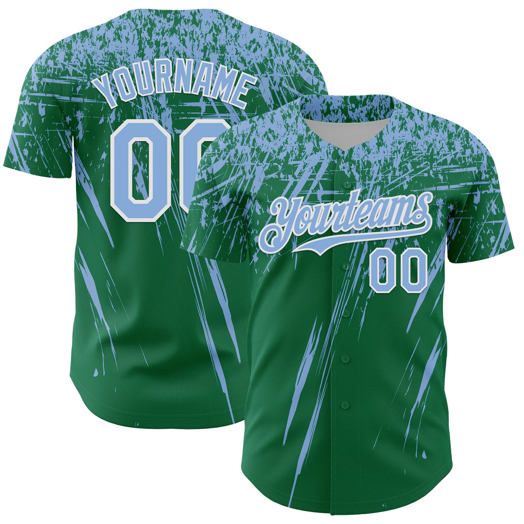 Custom Kelly Green Light Blue-White Distressed Scratch Brush Stroke Authentic Baseball Jersey