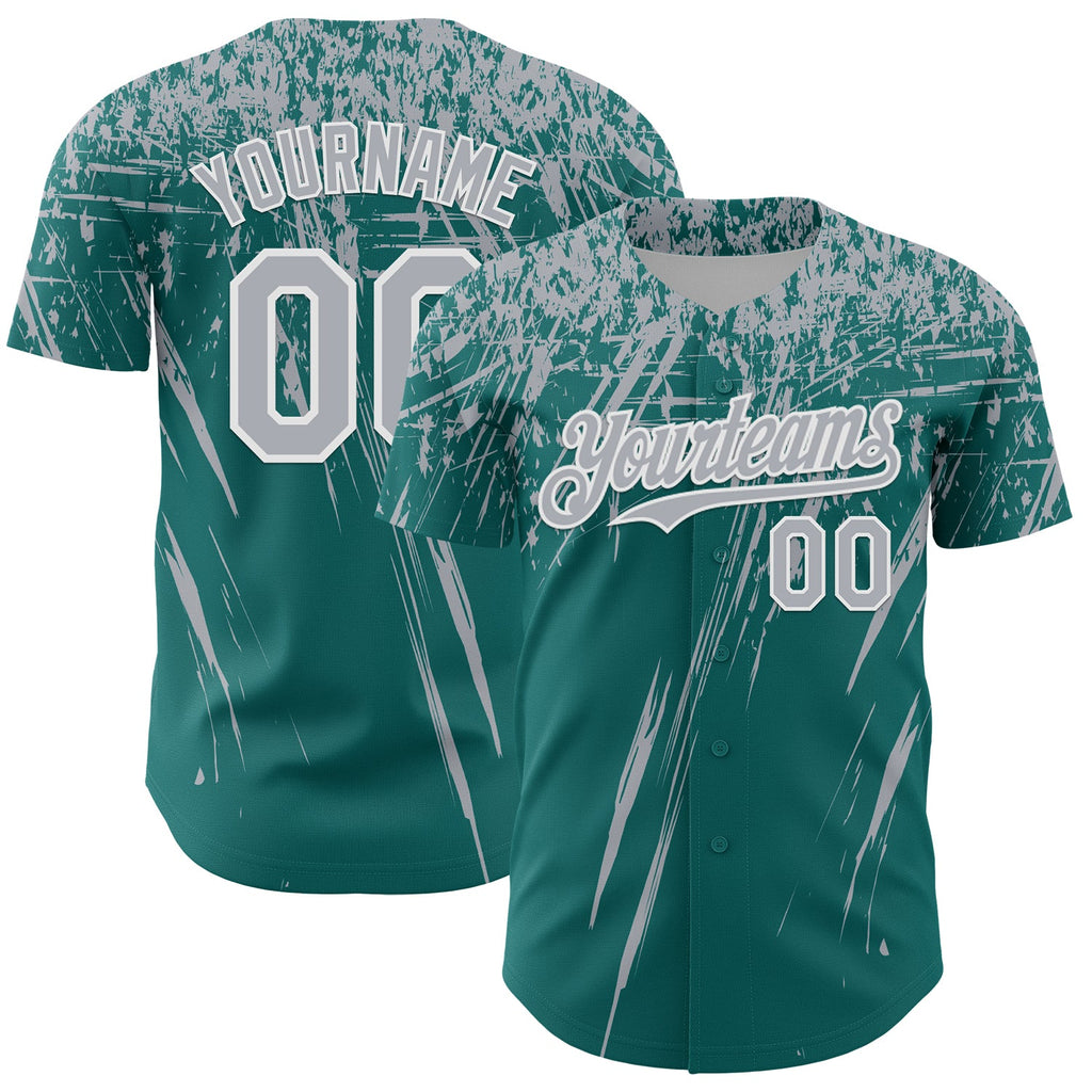 Custom Teal Gray-White Distressed Scratch Brush Stroke Authentic Baseball Jersey