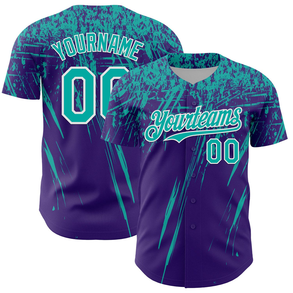 Custom Purple Aqua-White Distressed Scratch Brush Stroke Authentic Baseball Jersey