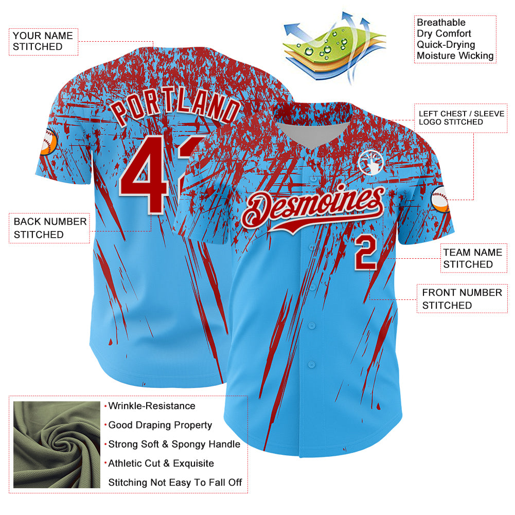 Custom Sky Blue Red-White Distressed Scratch Brush Stroke Authentic Baseball Jersey