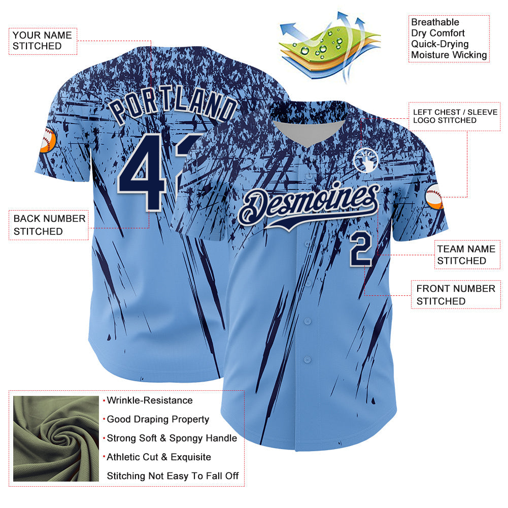 Custom Light Blue Navy-White Distressed Scratch Brush Stroke Authentic Baseball Jersey