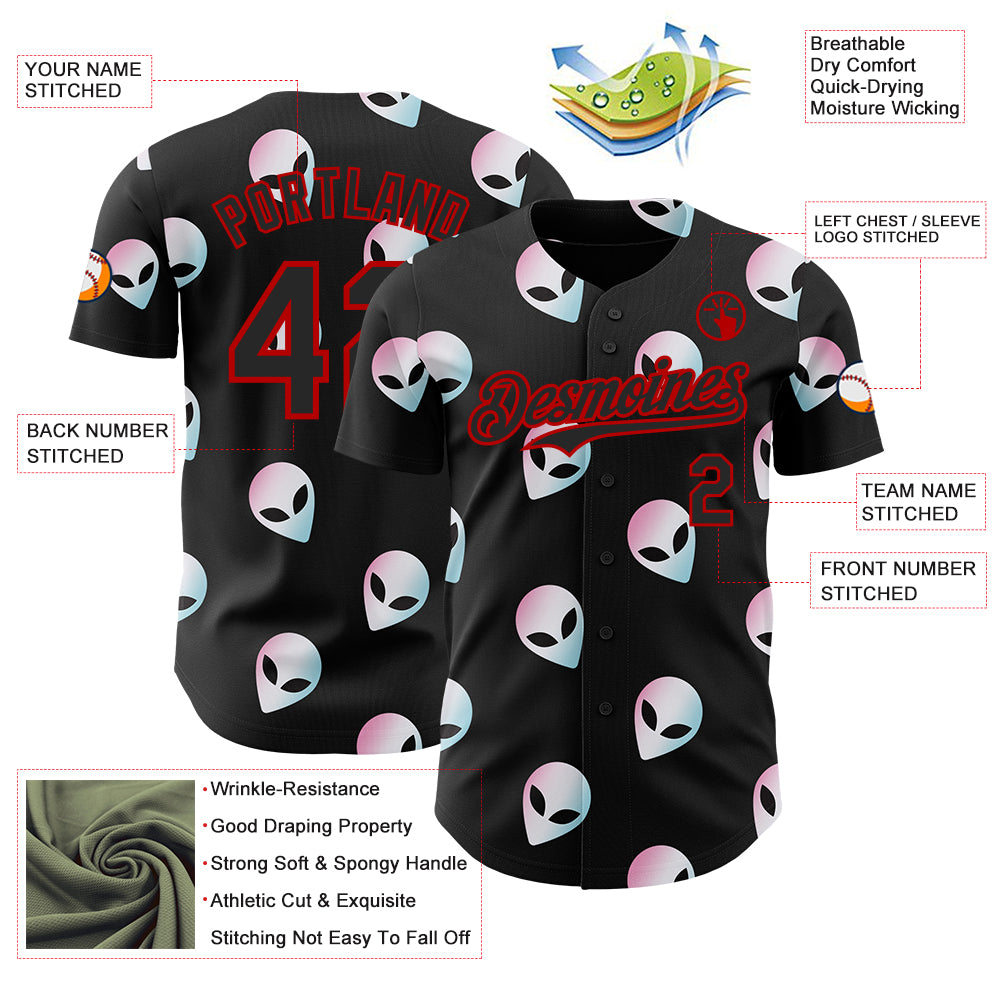 Custom Black Red Cartoon Alien Authentic Baseball Jersey